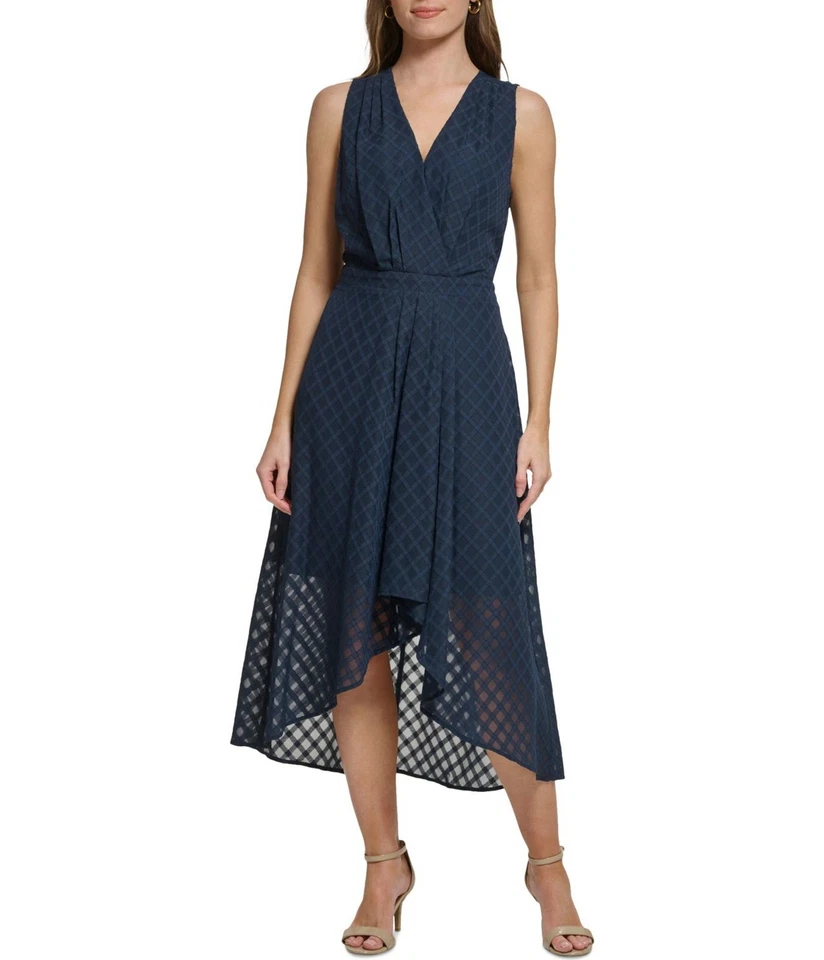 Tommy Hilfiger Womens Trellis Pleated Midi Dress, Blue, 12 - Image 1 of 1