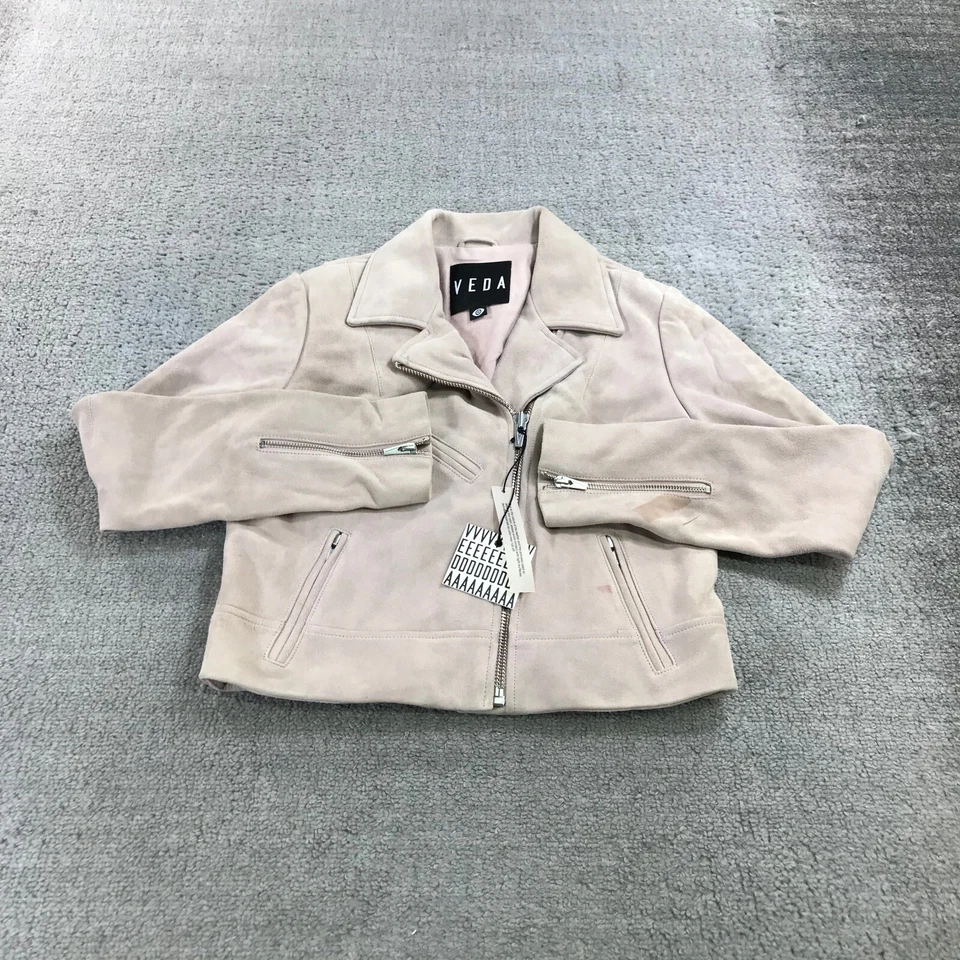 Chaqueta de Cuero Veda Para Mujer Mediana Clásica Cuero Moto Chaqueta Rosa Gamuza Cabra Foto 1 de 4