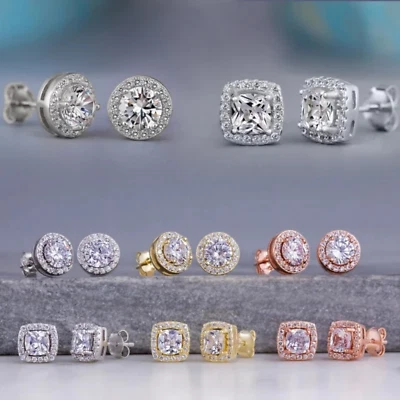 Gold Rose Silver Plated Stud Earrings With Cubic Zirconia Hip Hop Jewelry Unisex - Image 1 of 4