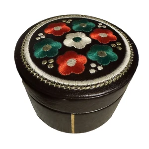 Brown Tooled Floral Faux Leather Round Trinket Jewellery Box Silver Silk Thread - Picture 1 of 10