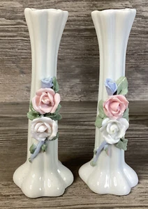 Vintage Pair White Porcelain Applied Pastel Pink Blue Rose Flower Bud Vase 0089 - Picture 1 of 20