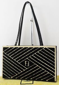 Authentic FENDI Black/Beige Canvas and Leather Tote Shoulder Bag Purse #50163A