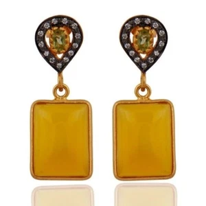 Yellow Chalcedony Peridot Birthstone Jewelry 925 Sterling Silver Dangle Earrings - Picture 1 of 2