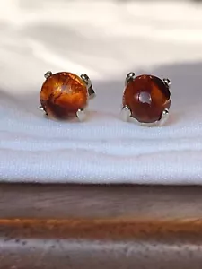 .925//STERLING SILVER COGNAC AMBER EARRINGS. 6MM. - Picture 1 of 3
