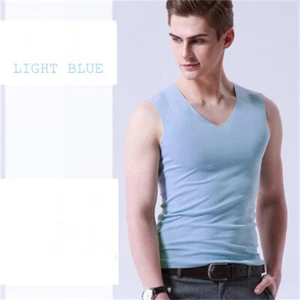 V Neck Sleeveless Tank Tops Sexy Elastic Male Suits Mens Vests Ice Silk - Picture 1 of 12