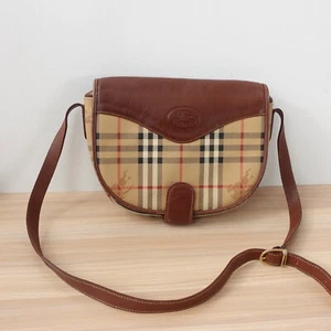 Burberry Leather Haymarket Crossbody Bag Beige Saddle Horse Tartan Check VINTAGE - Picture 1 of 22