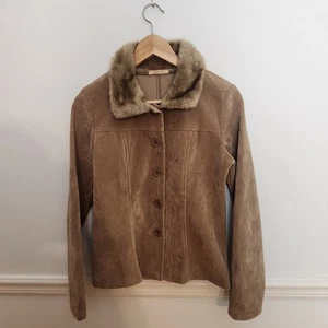 VTG 90s Y2K Forever 21 Jacket Small Distressed Faux Suede Lightwt Faux Fur Trim - Picture 1 of 20