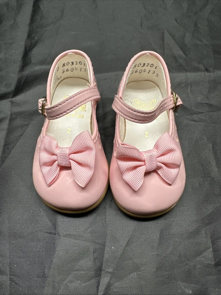 Zapatos vintage Y2K pequeños pasos rosa niña talla 2 hebilla de arco brillante bebé Foto 1 de 4