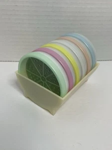 Tupperware Pastel Wagon Wheel Coasters 566-2, Set of 6 w/Caddy Rack Holder Vtg - Picture 1 of 11