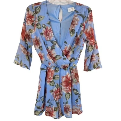 Everly Floral Romper Women's Medium Light Blue Coral Bell Sleeve Vacation - Image 1 of 4