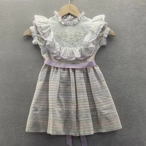 Vintage 80s Bryan Pastel Stripes Ruffle Lace Dress Toddler Girls 4T USA Cottage - Picture 1 of 12