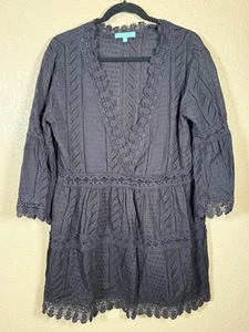 Melissa Odabash Victoria Black Mini Dress Size M Kaftan Cover Up Bell Sleeves - Picture 1 of 9