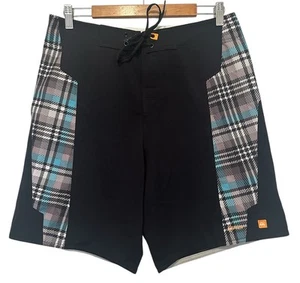 Quiksilver Mens Size 32 Cypher Board Shorts Black Stretch Plaid Tartan Tie Front - Picture 1 of 11