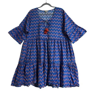 Adrift Dress Plus Size 3XL Blue Orange Zigzag Babydoll Cotton 3/4 Sleeve Pockets - Foto 1 di 16