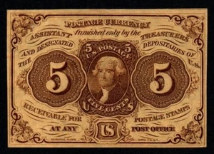 1862-63 5c 1st ISSUE BEAUTIFUL AU+ Fractional POSTAGE Currency! - Picture 1 of 2