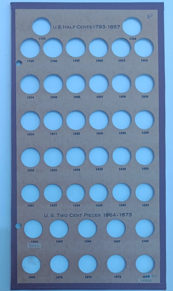 Wayte Raymond 1793-1857 Estados Unidos medio centavo 1864-1873 dos páginas de tablero de monedas de 2 c Foto 1 de 4
