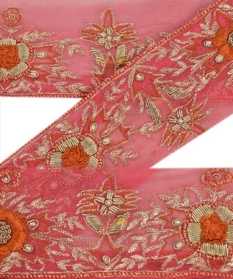 Sanskriti Vintage Saree Border Hand Beaded Craft 1Yd Trims Lace Decor 2.5W Peach Foto 1 de 4