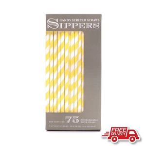 SIPPERS CANDY STRIPED PAPER STRAWS-75 PACK-YELLOW & WHITE**FREE POST** - Picture 1 of 2