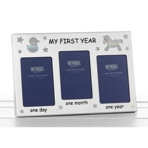 Mein erstes Jahr Baby silber Bilderrahmen 3 Bilder 2x3 Zoll Geschenk Neu Baby Geschenk - Bild 1 von 1