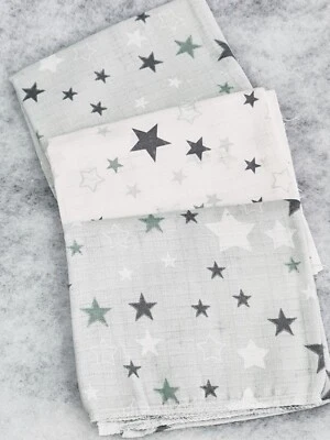 LOLALAND 3 pack muslin squares large 70x80cm baby nappies bibs cloth stars white grey