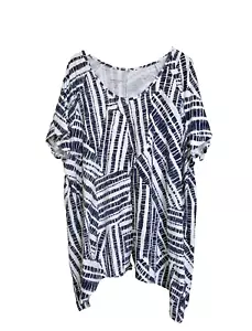 Woman Within Pullover Tunic Womens 3X Navy/Wh Cotton Patchwork Shark Bite Hem - Picture 1 of 12