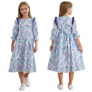 Kids Girls Sundress Party Dresses Modest Dress 3/4 Sleeve Costume Holiday Gown - Picture 1 of 59