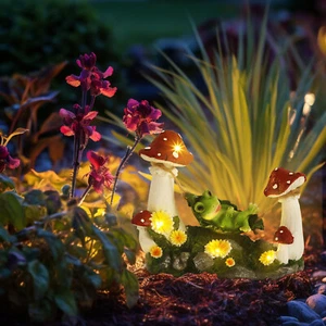 Solar Outdoor Sculptures Mushroom Frogs Statue Fairy Light for Yard Porch Decor - Picture 1 of 8