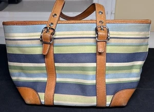 Coach Hampton Multicolor Canvas Leather Trim Stripe Top Handle Small Tote Bag - Picture 1 of 9