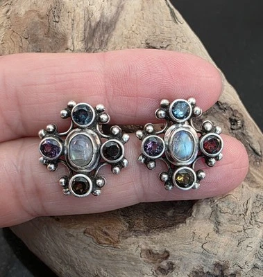 Preciosos pendientes de poste vintage de plata de ley 925 y múltiples piedras preciosas Foto 1 de 4