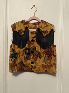 Vintage Handmade Fringe Vest All Over Horse Print Size 8-10 Button Up - Picture 1 of 10