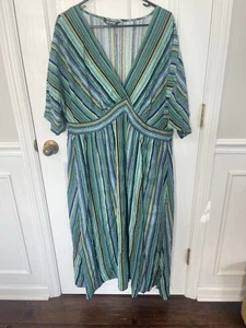 Bloomchic Plus Size 18-20 Striped Maxi Dress Green Slit V Neck Boho - Picture 1 of 7