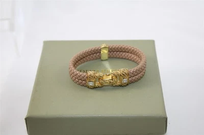 Judith Ripka Tan Leather Braided Bracelet with Vermeil and CZs Clasp 6.25" - Image 1 of 4