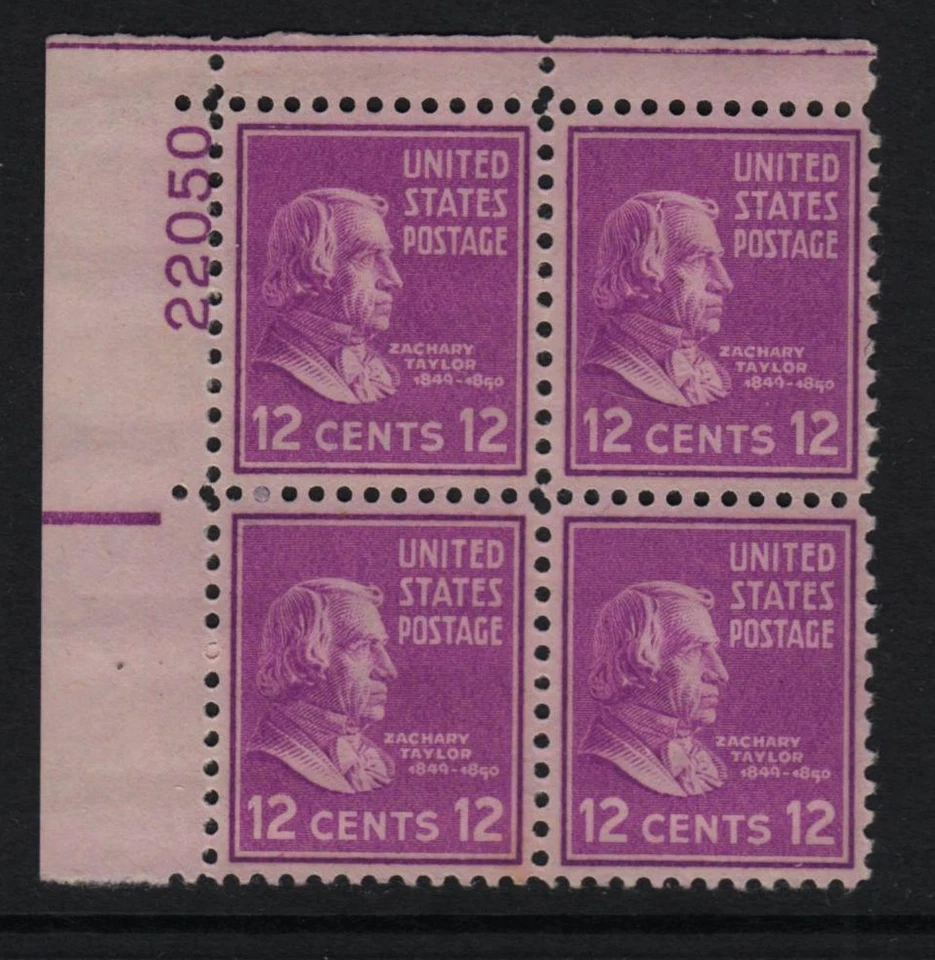 1938 Zachary Taylor Prexy 12c Sc 817 MNH nice OG XF eye plate block 22050 (08 - Image 1 of 1