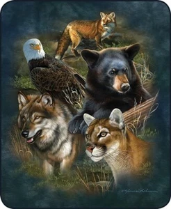 Animal Collage Wolf Eagle Bear Fox Cat Art Mink Faux Fur Soft Blanket Queen Full - Picture 1 of 1