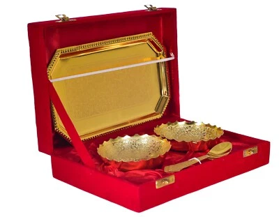 Gold Plated Brass Engraved Ice Cream/Dessert Bowl and Spoon Set of 2 with Tray - Image 1 of 3