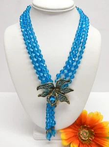 MULTI STRAND BLUE CRYSTAL BEAD & RHINESTONE IRIS FLOWER TASSEL PENDANT NECKLACE - Picture 1 of 4
