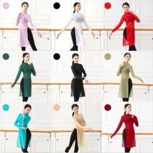 Women Long Thin Slim Dance Top Split Ballet Dancewear Costume Ballroom Practice - Picture 1 of 21