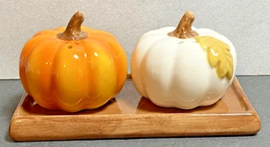 Shaker sale e pepe arancio e bianco seduto su piatto marrone stagione autunnale senza patatine - Foto 1 di 4