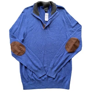 Jos A Bank Mens 1/4 Zip Sweater Blue Size M Elbow Patch Cotton - Picture 1 of 7
