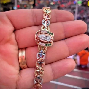 Virgen de Guadalupe Bracelet 7.5" CZ Stones Tri Color 14k Gold Filled Men Women - Picture 1 of 7