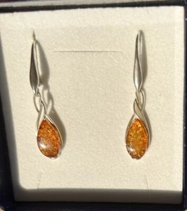 VTG Sterling Silver Amber Drop Earrings Teardrop Cabochon Modernist Dangle Box - Picture 1 of 10