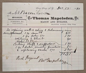 Sing Sing Ossining NY 1880 Billhead THOMAS MAPELSDEN Mason & Builder Plasterer - Picture 1 of 2