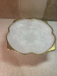 Vintage Anchor Hocking Milk Glass Gold Rim Pedestal Grape Vine Dish 8 3/4” - Picture 1 of 8