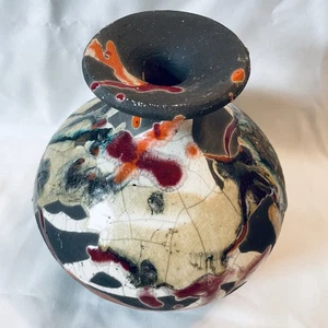 Hand Thrown Raku Pottery Jug Vase Multi Colored 6” Artist Signed Dated 1987 - Picture 1 of 14
