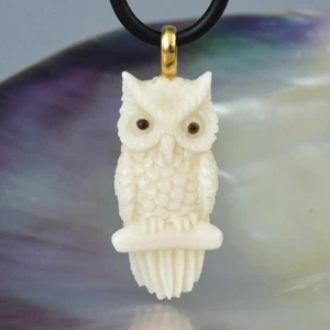 Owl Pendant Carved White Bone 18K Gold Vermeil Sterling Silver 3.68g - Picture 1 of 13