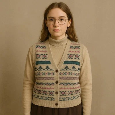 Vintage 90s Eddie Bauer Wool Knit Sweater Vest Fair Isle Heart Pattern M - Image 1 of 4