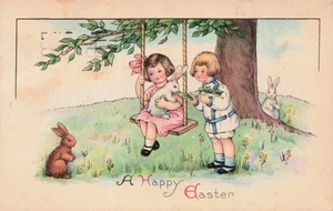 Happy Easter Cute little girls rabbit bunny swing Vintage Postcard - Picture 1 of 2