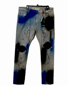 Pantalones de mezclilla premium Y2K Spark para hombre 38x34 pintura azul hielo graffiti - Imagen 1 de 10