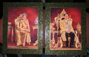 King And Queen Of Thailand Portraits On Wooden Plaque Vajiralongkorn Sirikit - Picture 1 of 5