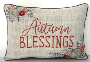 Fall/ Autumn-Words "Autumn Blessings", Pumpkins, Flowers, Tapestry Pillow New - Picture 1 of 7